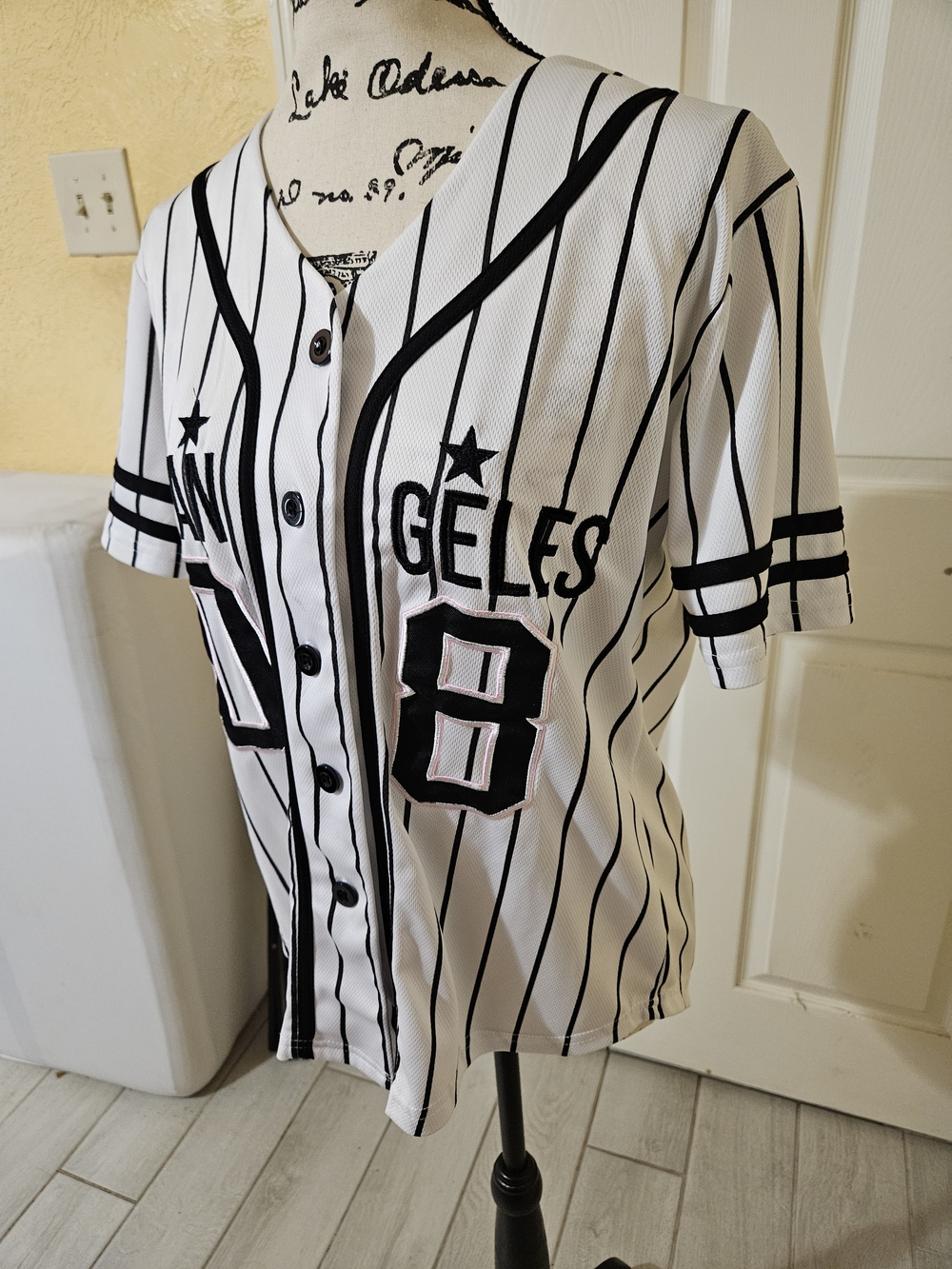 White & Black Pinstripe 'Los Angeles' Baseball Jersey Top